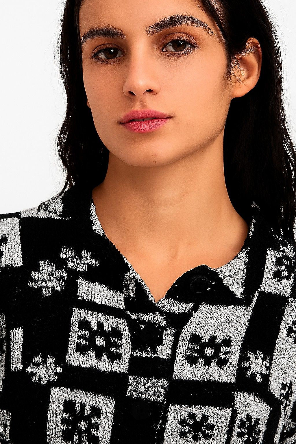 Acrylic Full Sleeve with Black & White Checked Floral Knit Cardigan