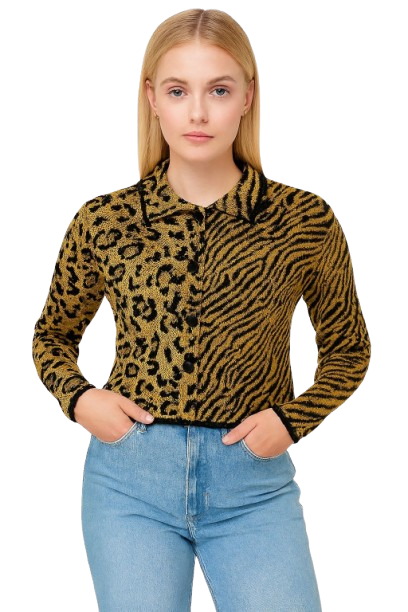 Acrylic Full Sleeve with Brown & Black Animal Print Button-Up Cardigan