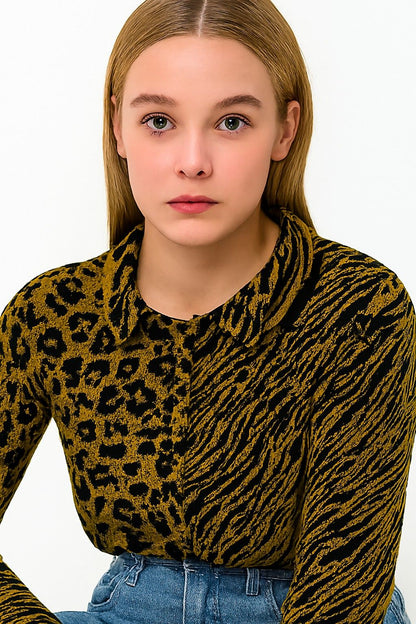 Acrylic Full Sleeve with Brown & Black Animal Print Button-Up Cardigan