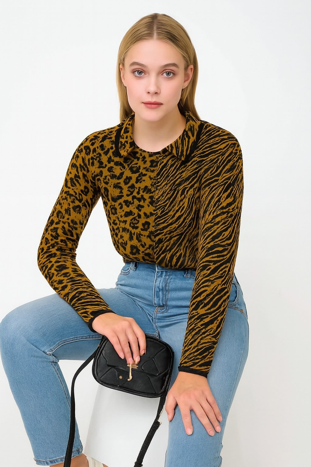 Acrylic Full Sleeve with Brown & Black Animal Print Button-Up Cardigan