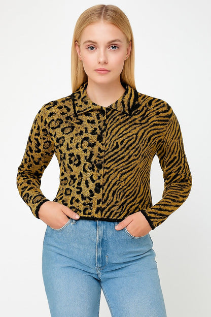 Acrylic Full Sleeve with Brown & Black Animal Print Button-Up Cardigan