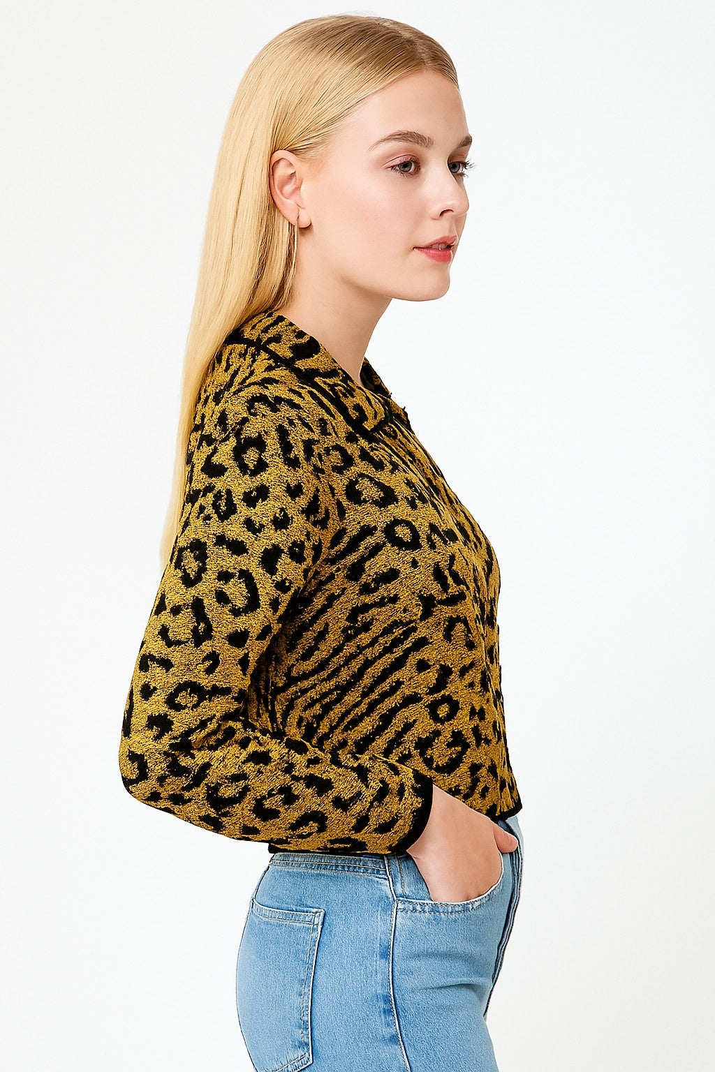 Acrylic Full Sleeve with Brown & Black Animal Print Button-Up Cardigan