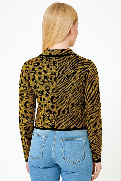 Acrylic Full Sleeve with Brown & Black Animal Print Button-Up Cardigan
