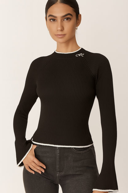 Viscose Black Ribbed Stretchable Full Sleeve Sweater