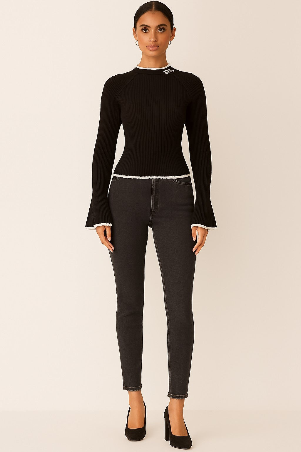 Viscose Black Ribbed Stretchable Full Sleeve Sweater