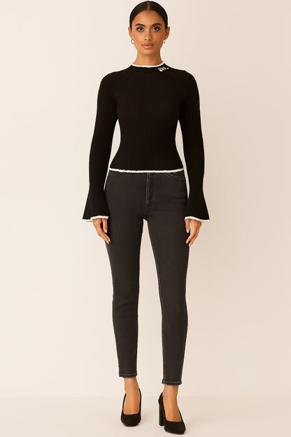 Viscose Black Ribbed Stretchable Full Sleeve Sweater