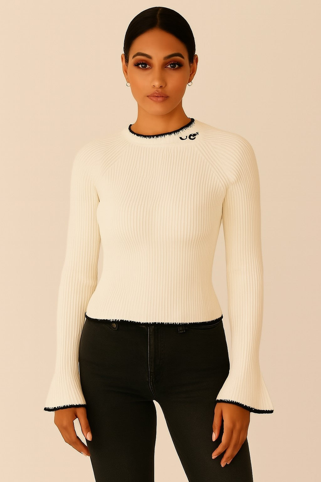 Viscose Off-White Ribbed Stretchable Full Sleeve Sweater