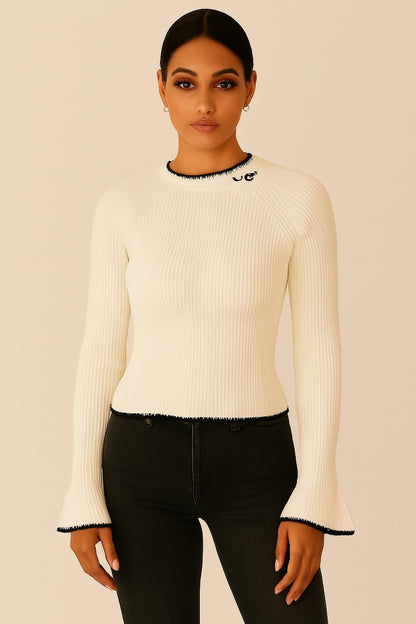 Viscose Off-White Ribbed Stretchable Full Sleeve Sweater
