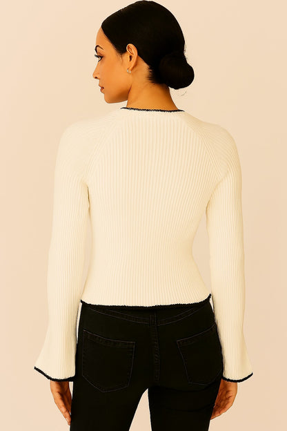 Viscose Off-White Ribbed Stretchable Full Sleeve Sweater