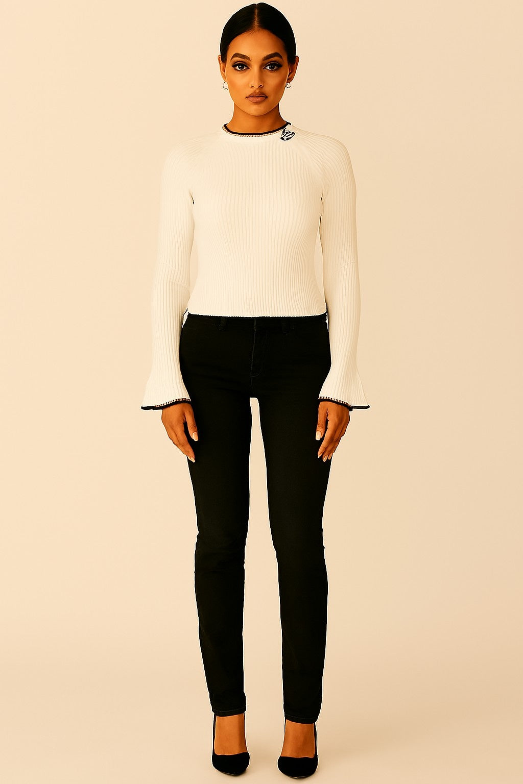 Viscose Off-White Ribbed Stretchable Full Sleeve Sweater