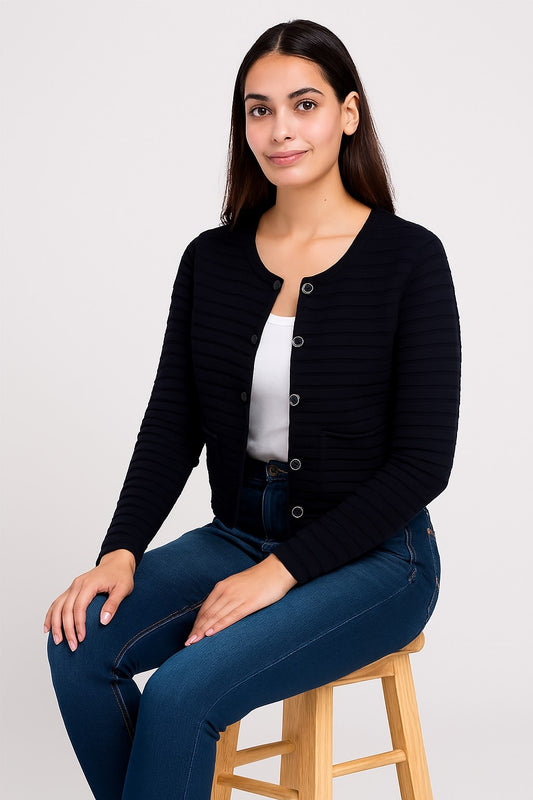 Acrylic Full Sleeve with Round Neck Black Ribbed Cardigan