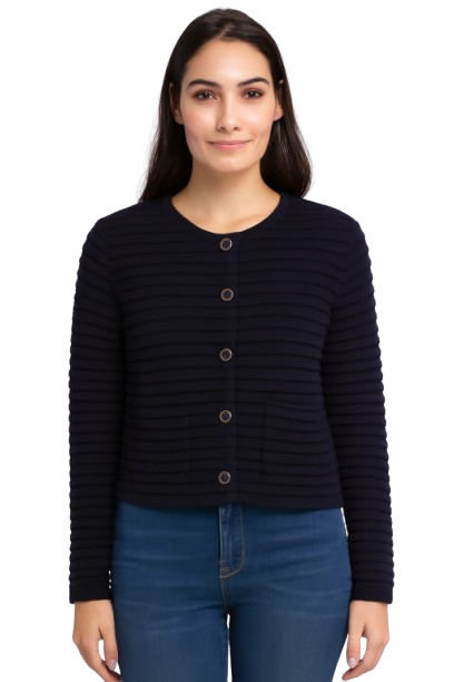 Acrylic Full Sleeve with Round Neck Black Ribbed Cardigan