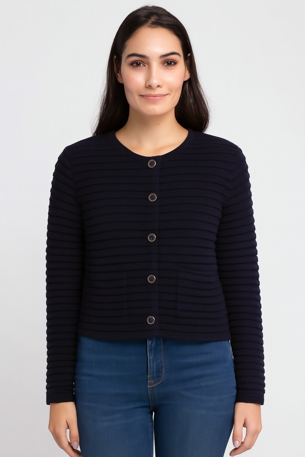 Acrylic Full Sleeve with Round Neck Black Ribbed Cardigan