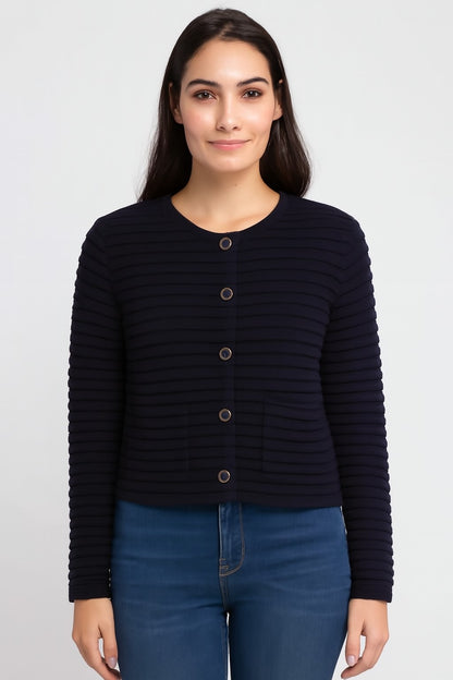 Acrylic Full Sleeve with Round Neck Black Ribbed Cardigan