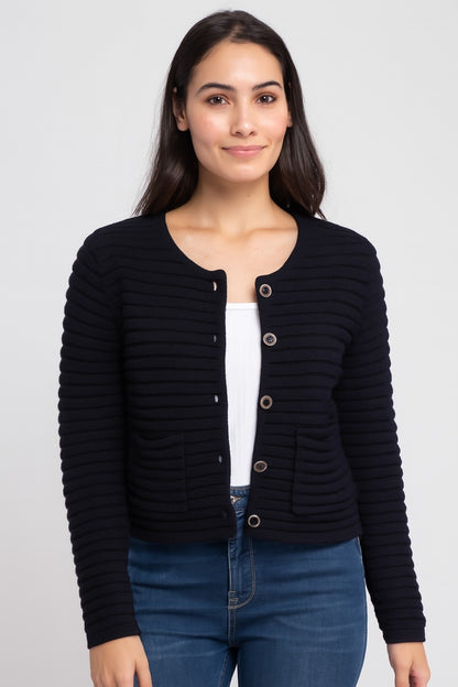 Acrylic Full Sleeve with Round Neck Black Ribbed Cardigan