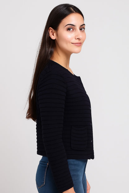 Acrylic Full Sleeve with Round Neck Black Ribbed Cardigan