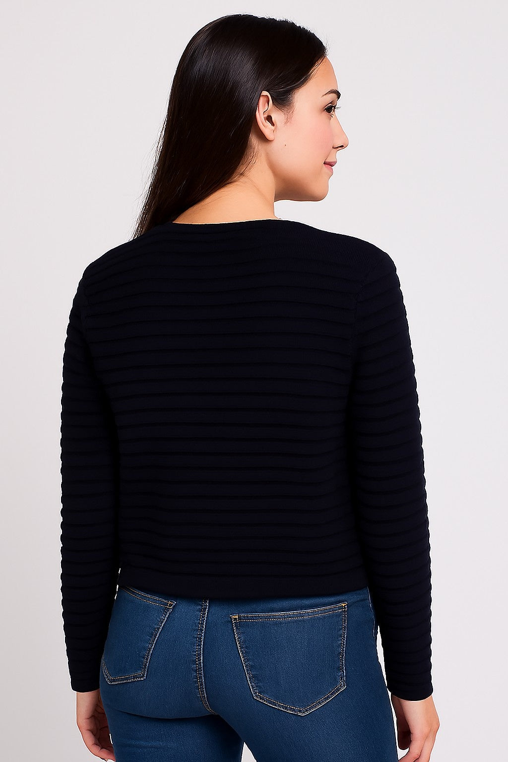Acrylic Full Sleeve with Round Neck Black Ribbed Cardigan