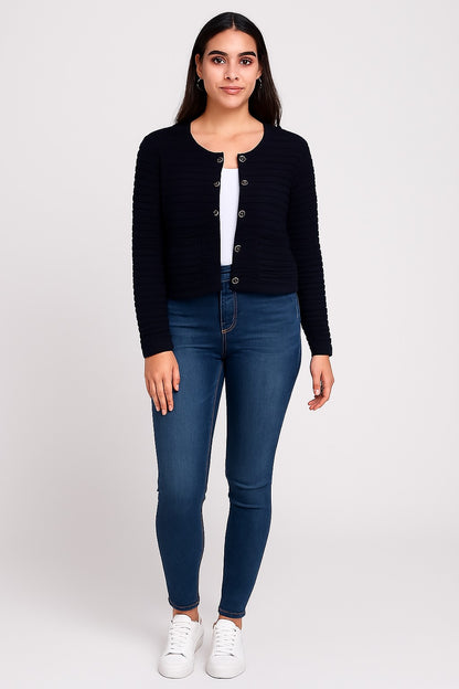 Acrylic Full Sleeve with Round Neck Black Ribbed Cardigan