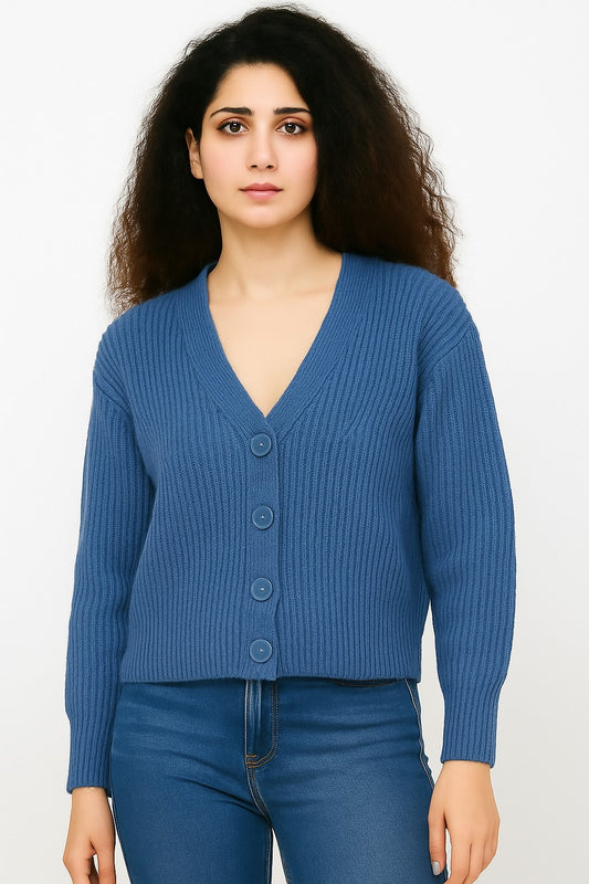 Blue V-Neck with Full Sleeve Acrylic Down Shoulder Cardigan