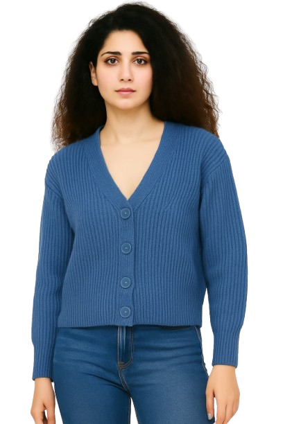 Blue V-Neck with Full Sleeve Acrylic Down Shoulder Cardigan
