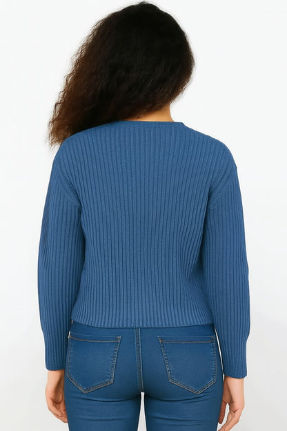Blue V-Neck with Full Sleeve Acrylic Down Shoulder Cardigan
