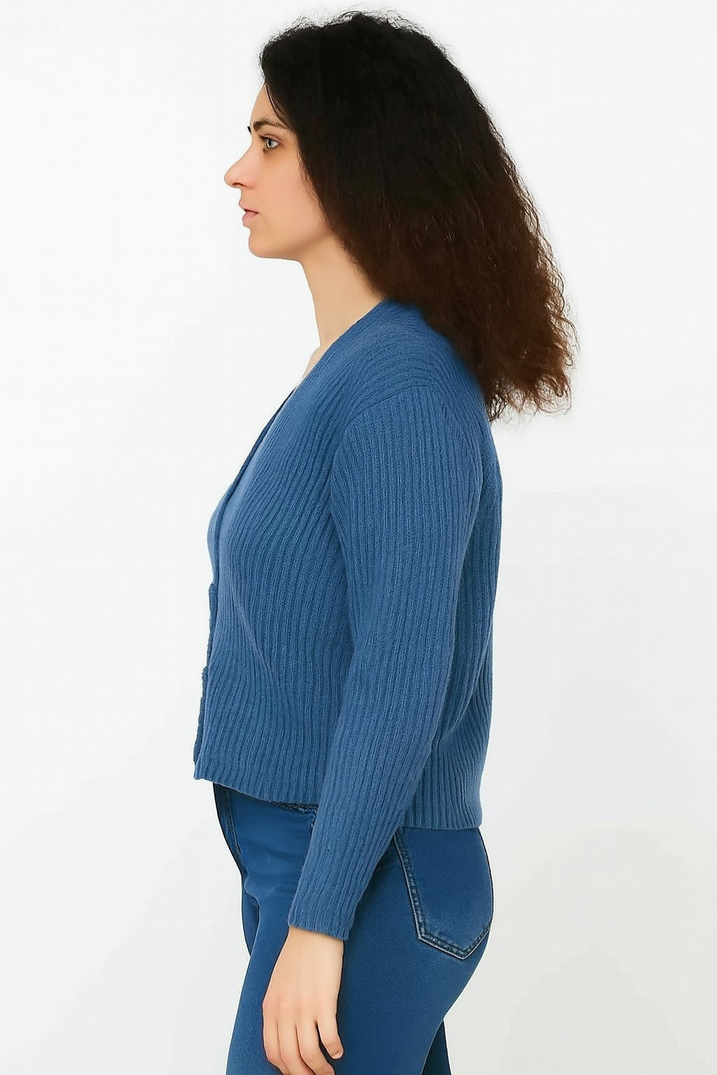Blue V-Neck with Full Sleeve Acrylic Down Shoulder Cardigan