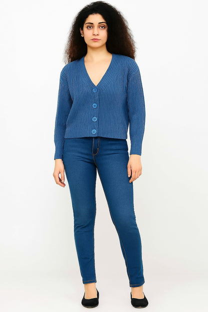 Blue V-Neck with Full Sleeve Acrylic Down Shoulder Cardigan