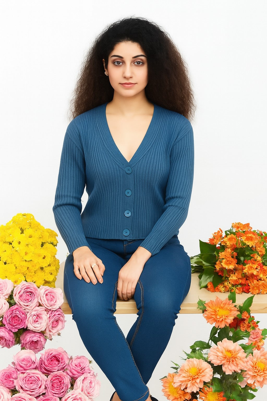 Blue V-Neck with Full Sleeve Acrylic Down Shoulder Cardigan