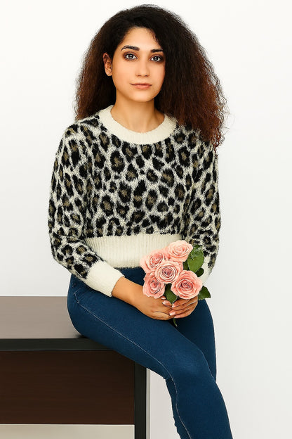 Black Tiger Print Down Shoulder Sweater