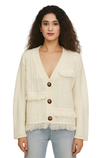 Polyester Full Sleeve Textured Fringe Detail Cardigan