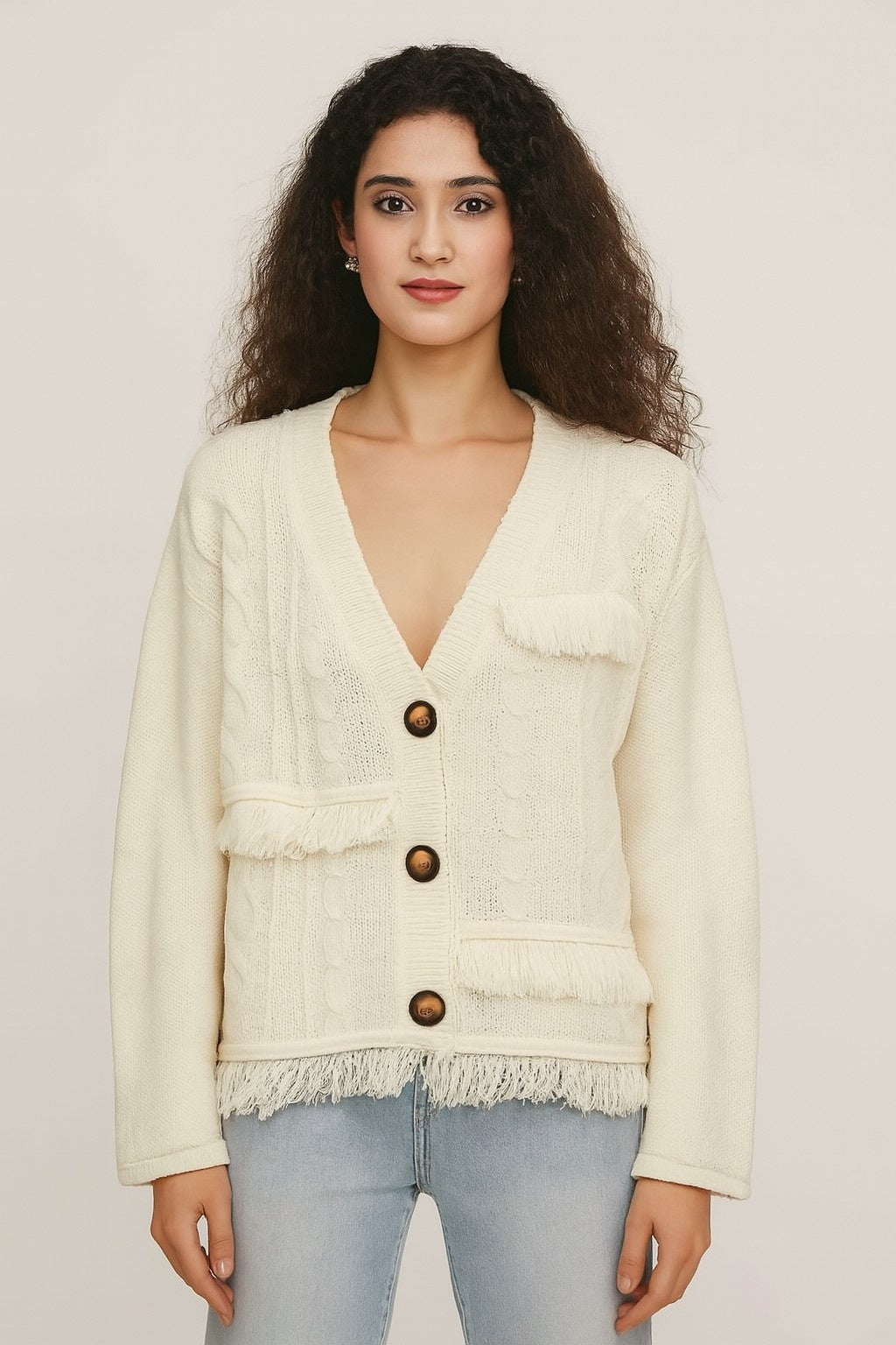 Polyester Full Sleeve Textured Fringe Detail Cardigan