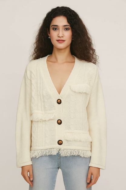 Polyester Full Sleeve Textured Fringe Detail Cardigan