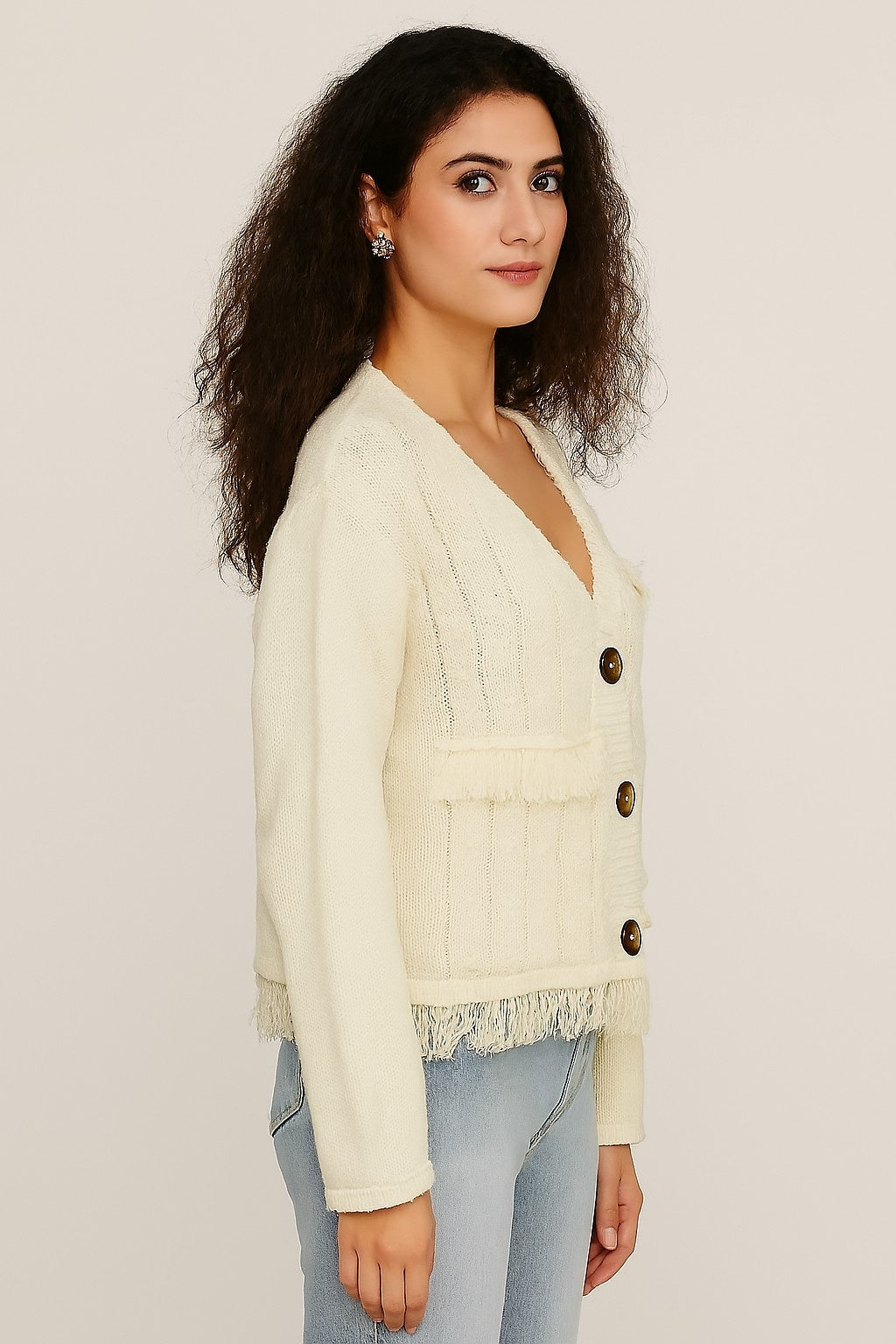 Polyester Full Sleeve Textured Fringe Detail Cardigan