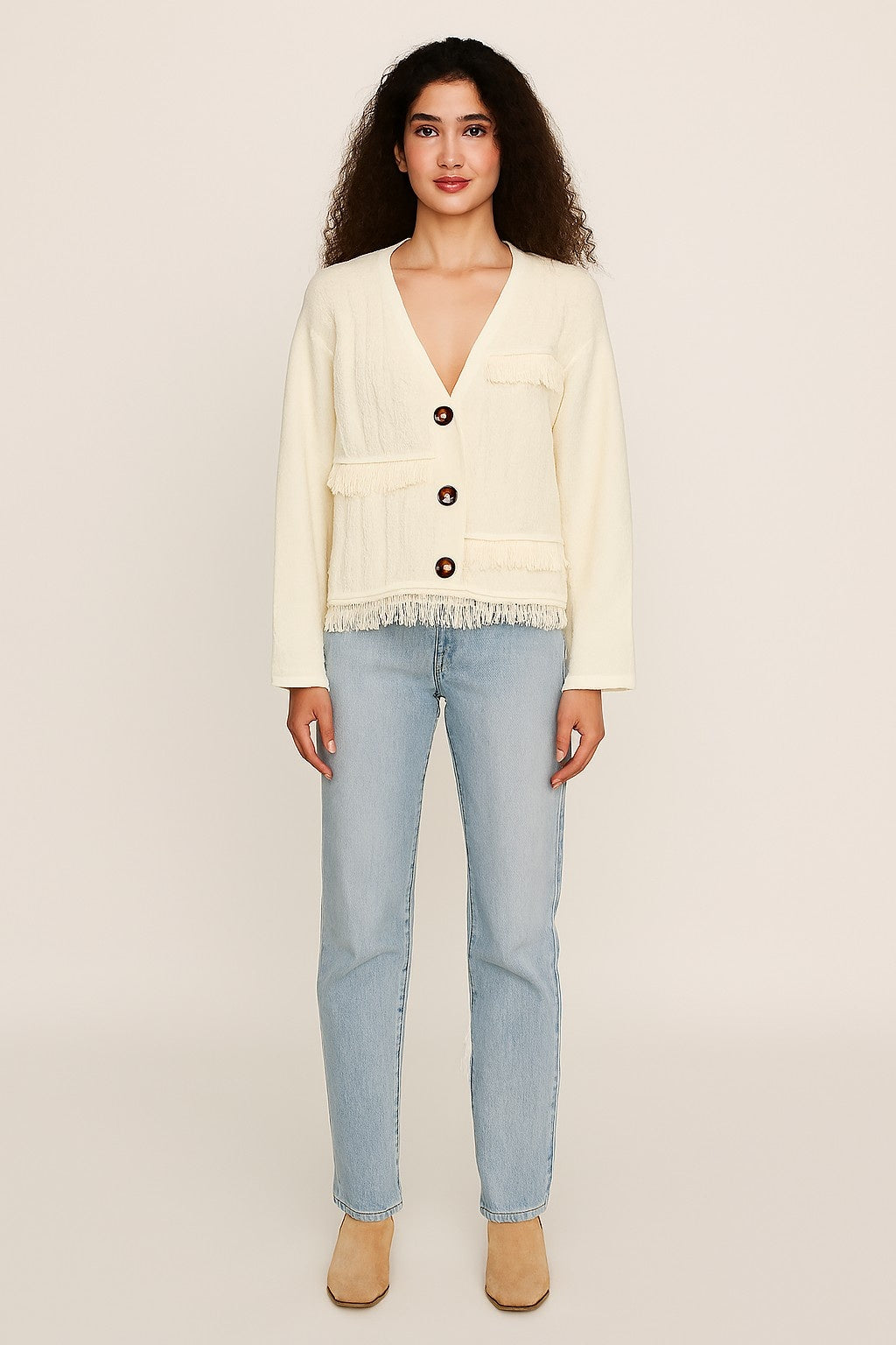 Polyester Full Sleeve Textured Fringe Detail Cardigan