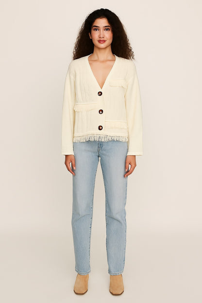 Polyester Full Sleeve Textured Fringe Detail Cardigan
