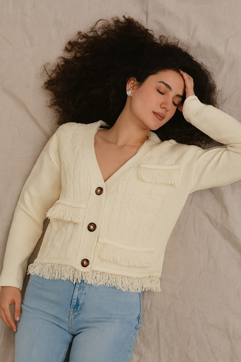 Polyester Full Sleeve Textured Fringe Detail Cardigan