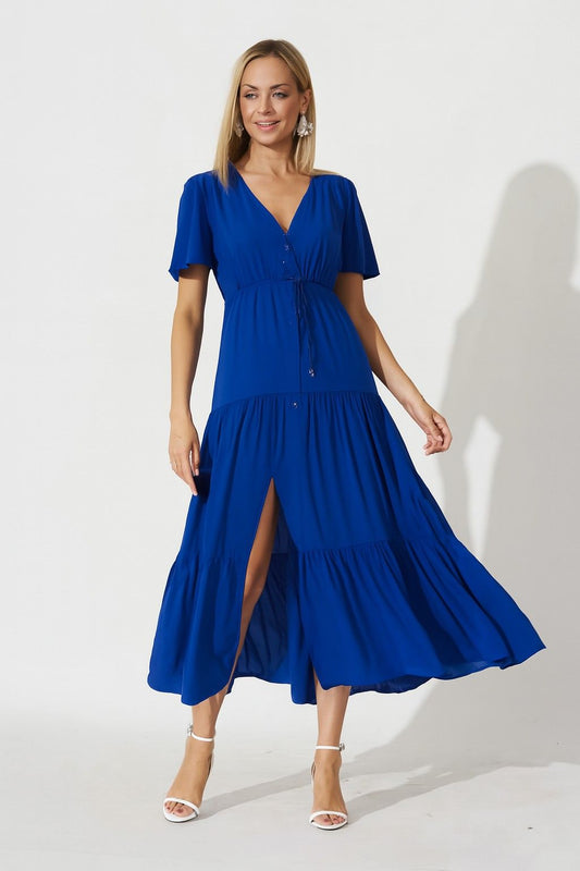 Blue Tiered Maxi Dress with Cinched Waist & Side Pockets