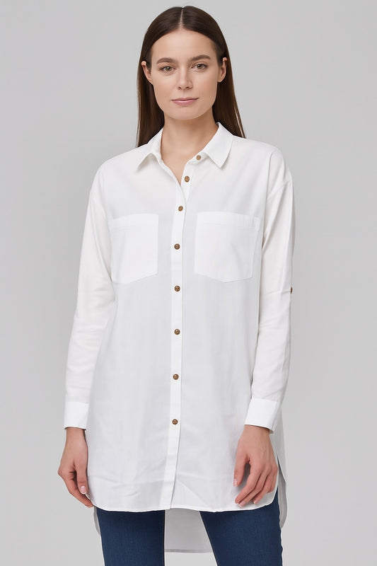 Cotton Loose Fit White Shirt with Back Button & High-Low Hem