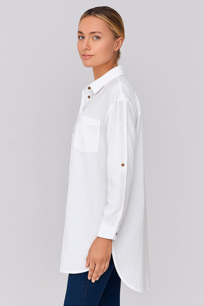 Cotton Loose Fit White Shirt with Back Button & High-Low Hem