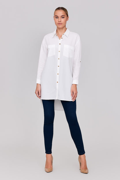 Cotton Loose Fit White Shirt with Back Button & High-Low Hem