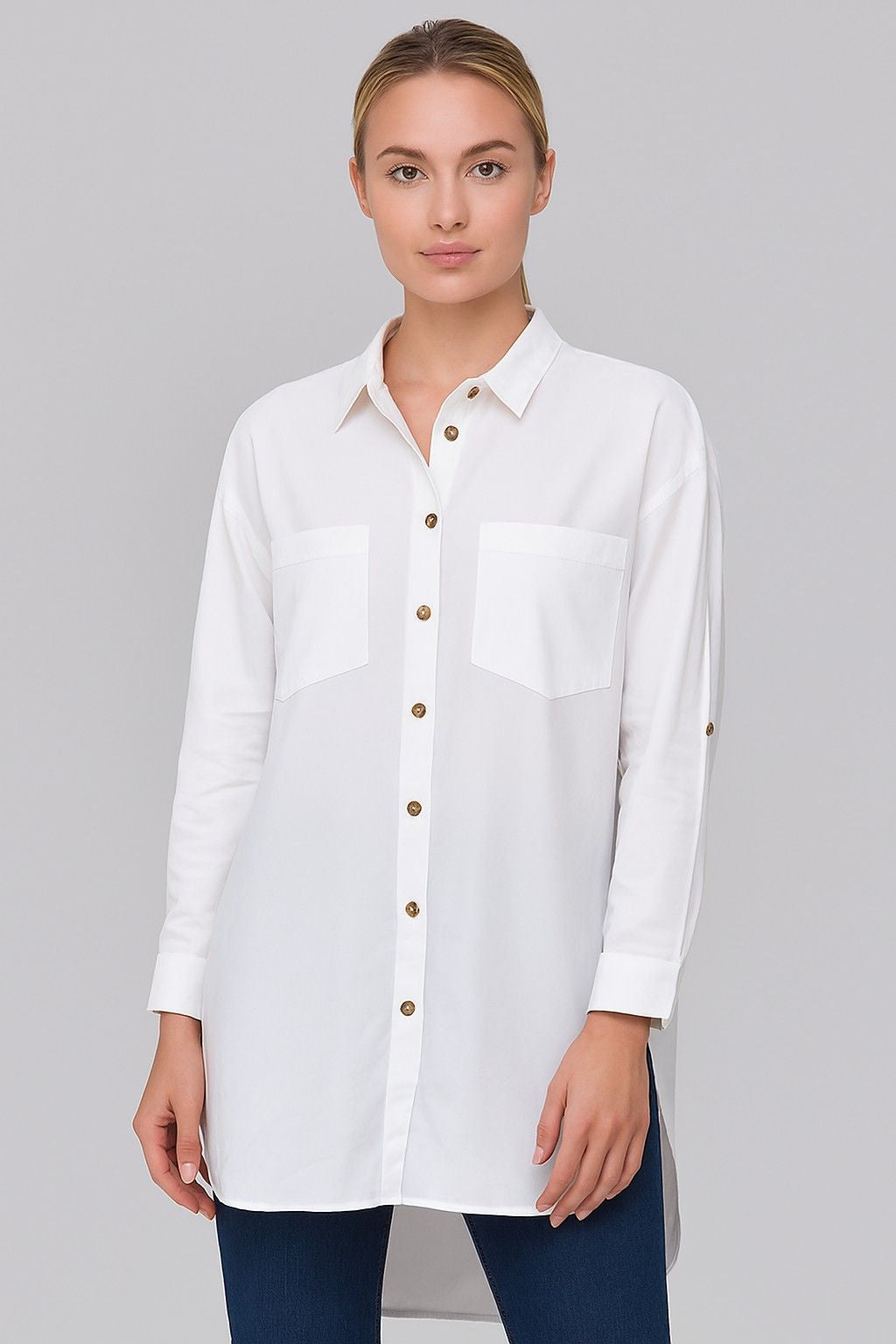 Cotton Loose Fit White Shirt with Back Button & High-Low Hem
