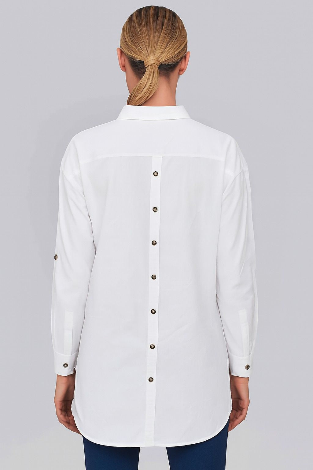 Cotton Loose Fit White Shirt with Back Button & High-Low Hem