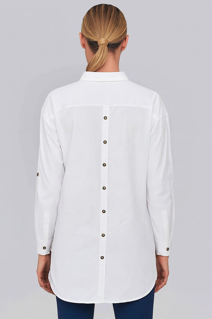 Cotton Loose Fit White Shirt with Back Button & High-Low Hem