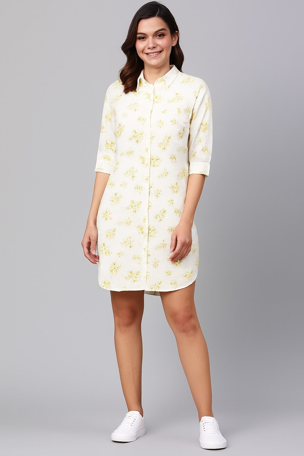 Off White & Yellow Floral Printed Shirt Tunic