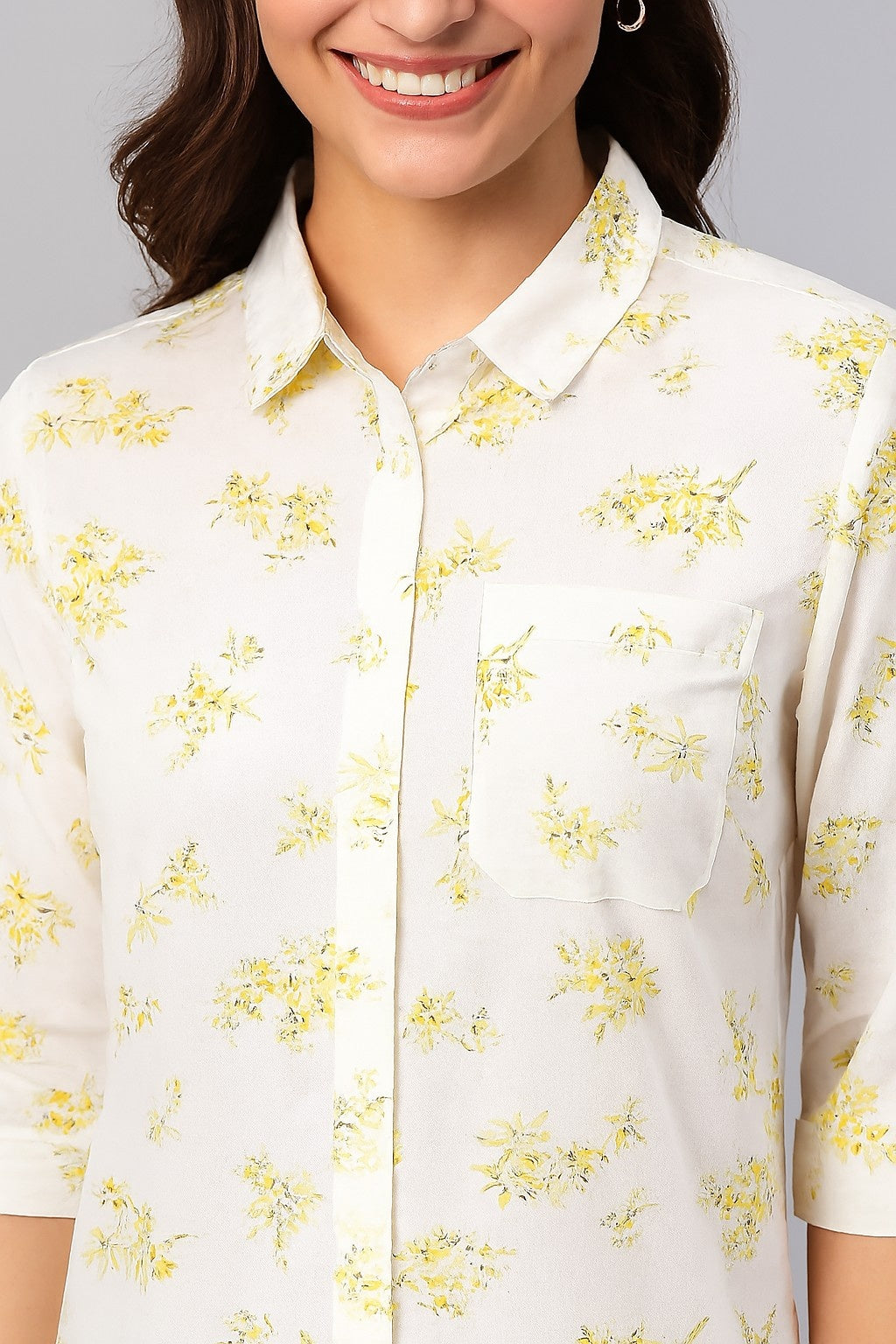 Off White & Yellow Floral Printed Shirt Tunic
