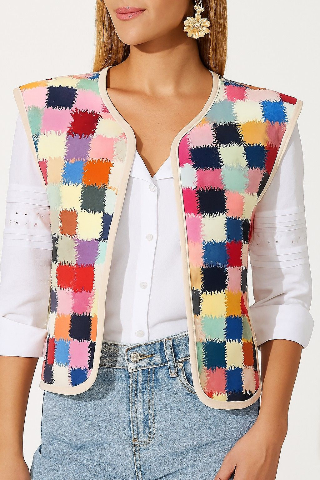 Multicolour Patchwork Cotton Sleeveless Jacket