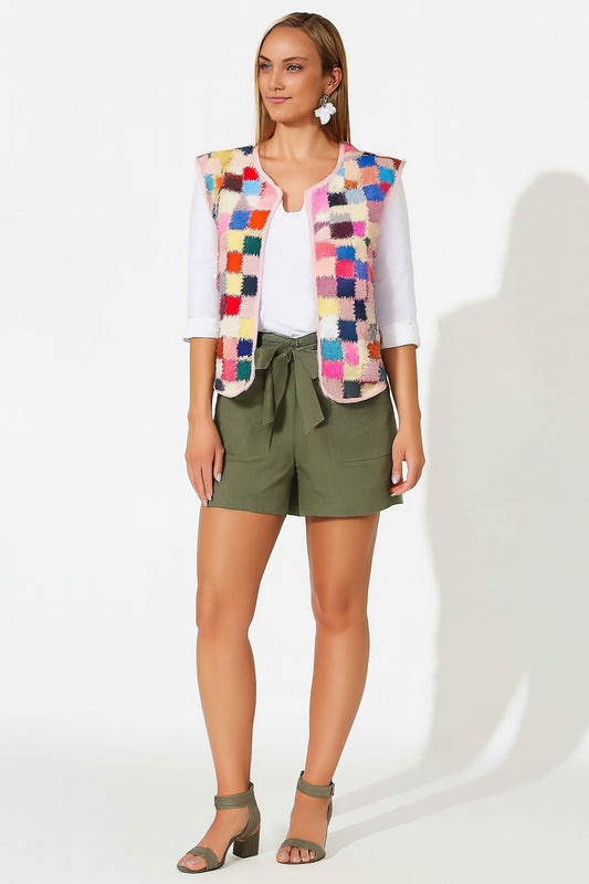 Dark Green High-Waist Viscose Shorts with Belt