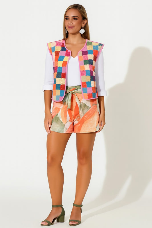 Orange High-Waist Viscose Shorts with Belt