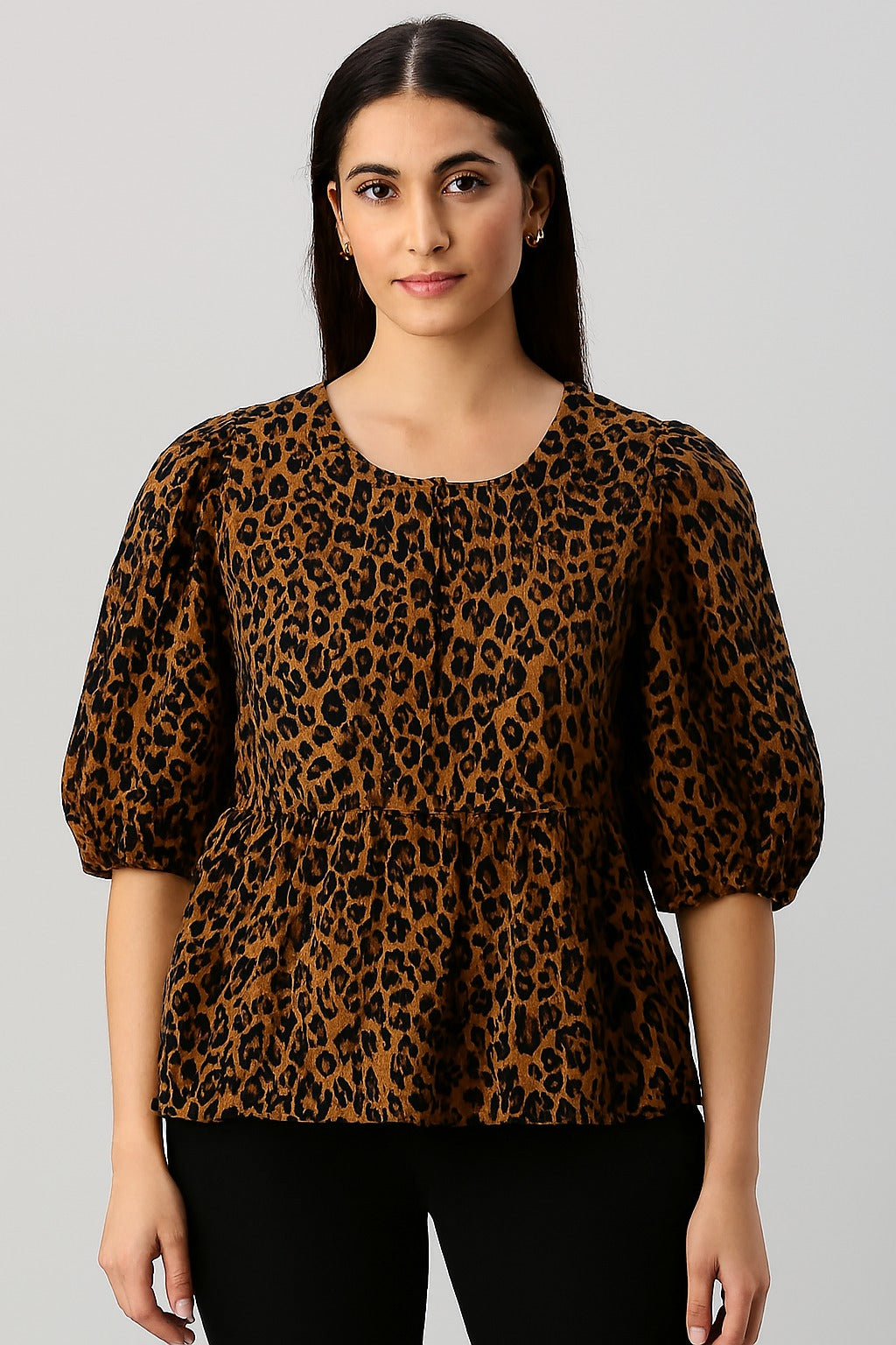 Black Tiger Print Cotton Peplum Top