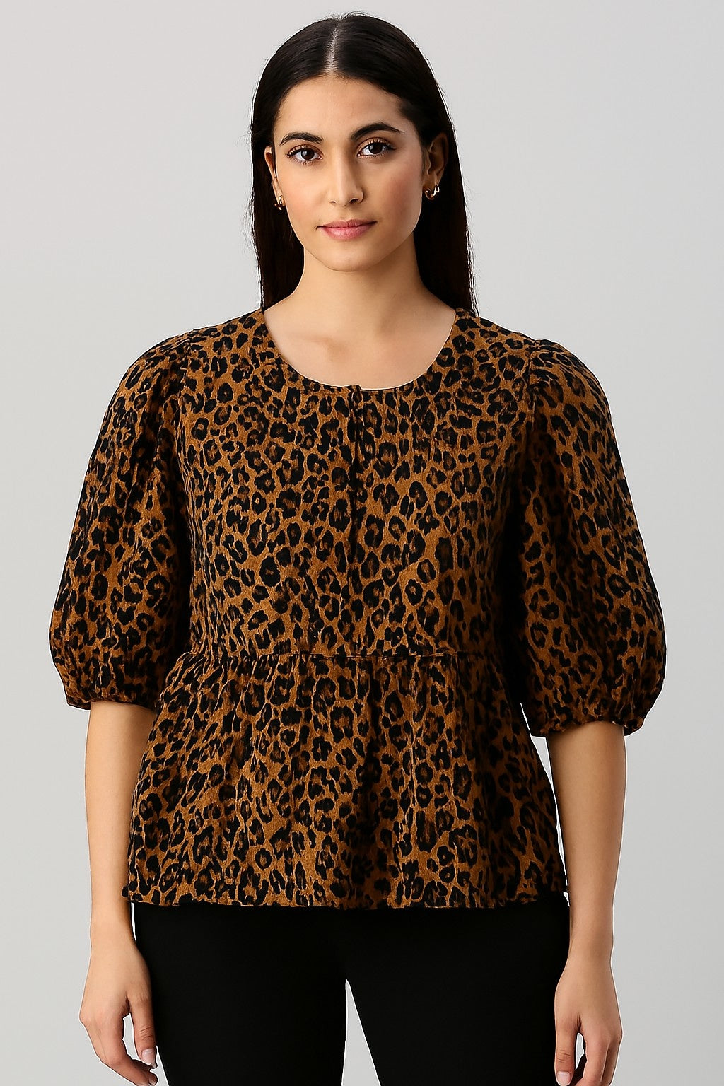 Black Tiger Print Cotton Peplum Top